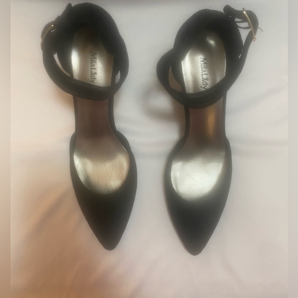 Mila Lady Black Suede Heels. 9, 3 1/2 inch heels. Ankle strap gold buckle. (NWT)